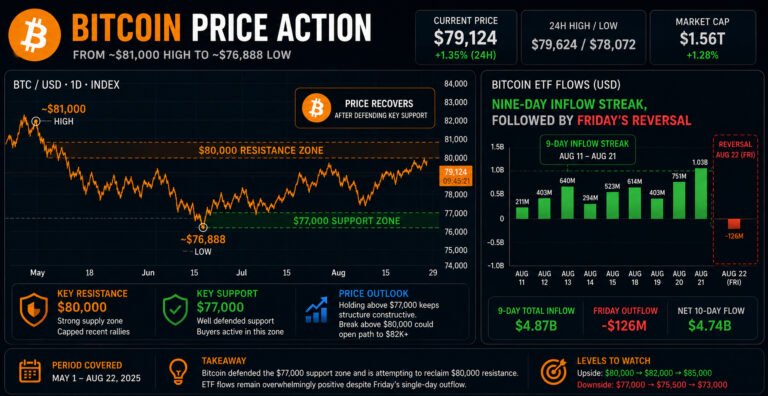 Bitcoin BTC price chart showing pullback below $78,000 after Fed rate-hike signal and ETF outflow